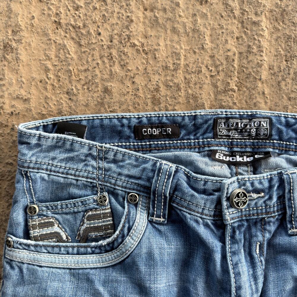 VINTAGE AFFLICTION BUCKLE COOPER BOOTCUT Y2K 00S JEANS LIGHTWASH 34X30 HONEYCOMB - Picture 7 of 8